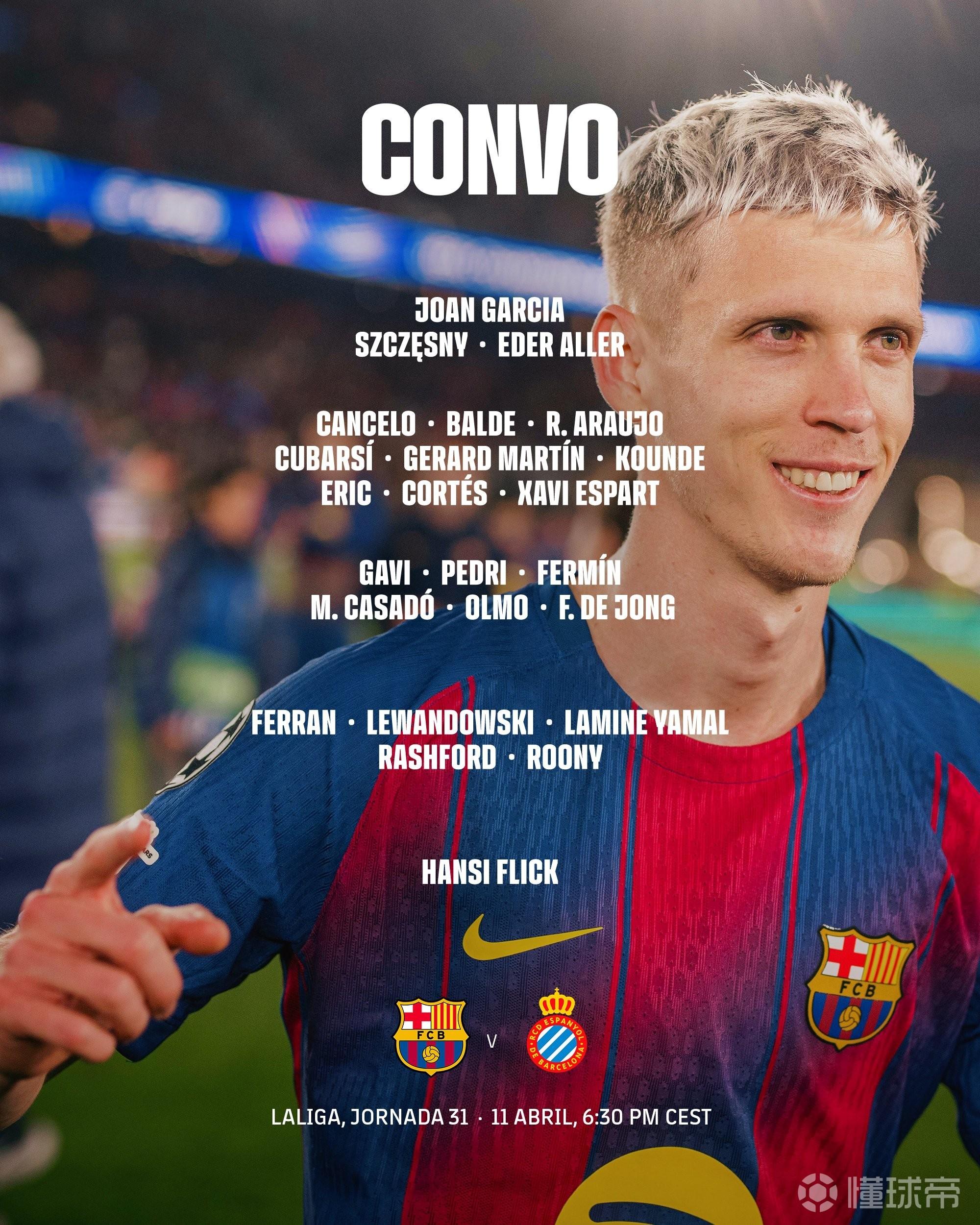 巴萨加泰德比大名单：亚马尔、莱万、佩德里领衔，德容复出