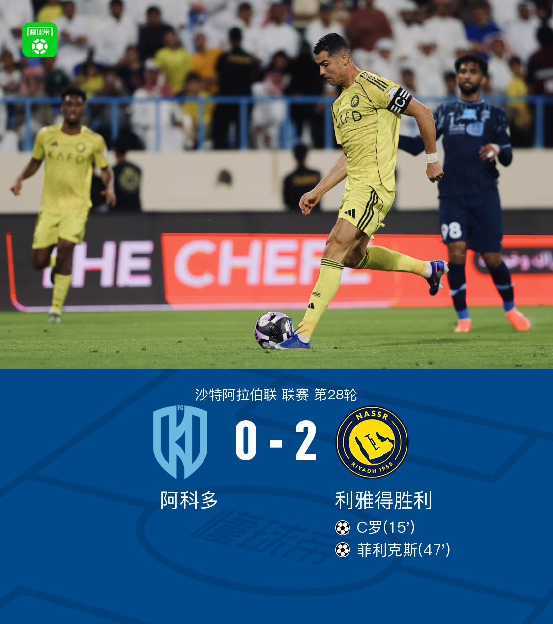 利雅得胜利2-0客胜阿科多迎16连胜，C罗连场破门，菲利克斯建功