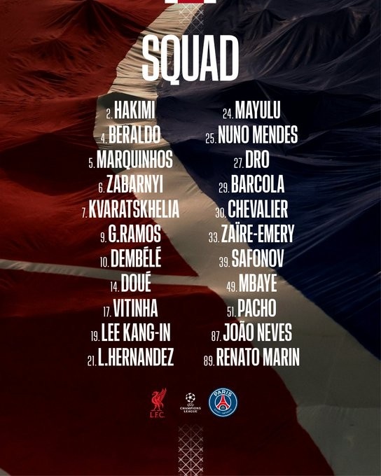 巴黎欧冠客战利物浦大名单：登贝莱领衔，巴尔科拉复出