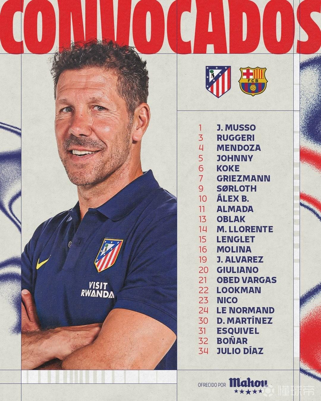 马竞战巴萨次回合大名单：小蜘蛛领衔，奥布拉克、卡多佐回归