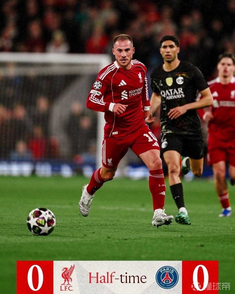 利物浦对阵巴黎半场仅4脚射门，为2022年以来欧冠主场比赛最低