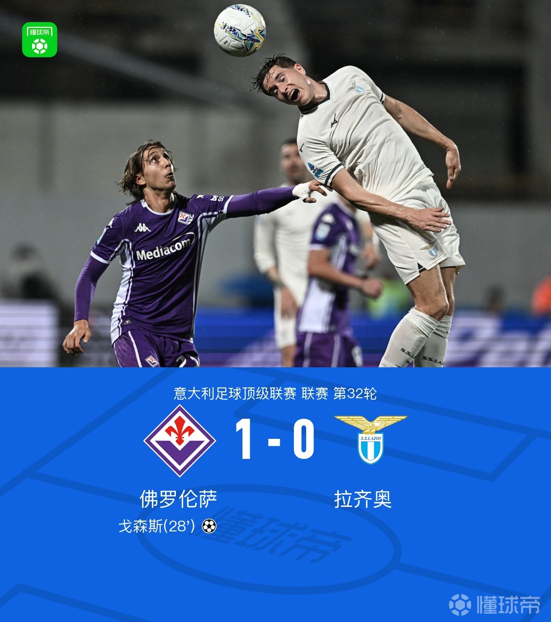 佛罗伦萨1-0拉齐奥，戈森斯打入制胜球