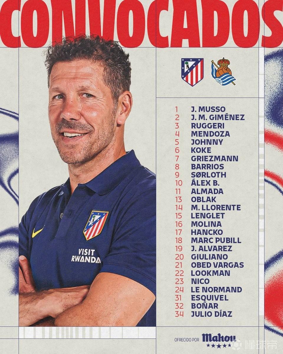 马竞国王杯决赛大名单：格列兹曼领衔，希门尼斯、汉茨科回归