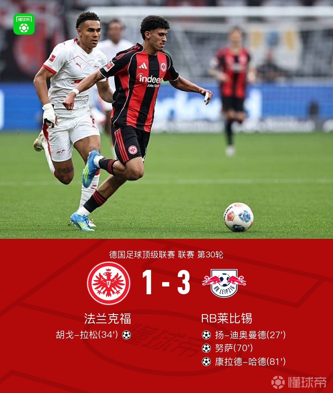 法兰克福1-3莱比锡，迪奥曼德破僵，努萨传射