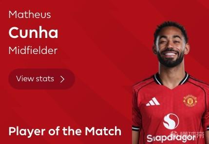 打入唯一进球，库尼亚当选曼联客战切尔西全场最佳球员