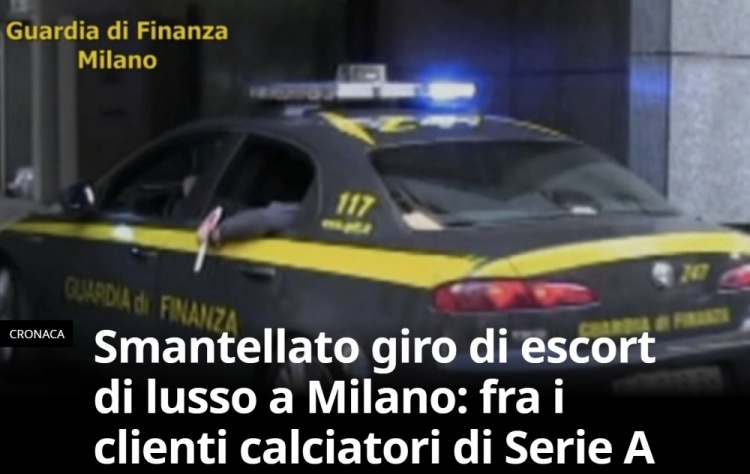 米体：米兰警方捣毁性服务犯罪组织 其客户包括一些意甲球员