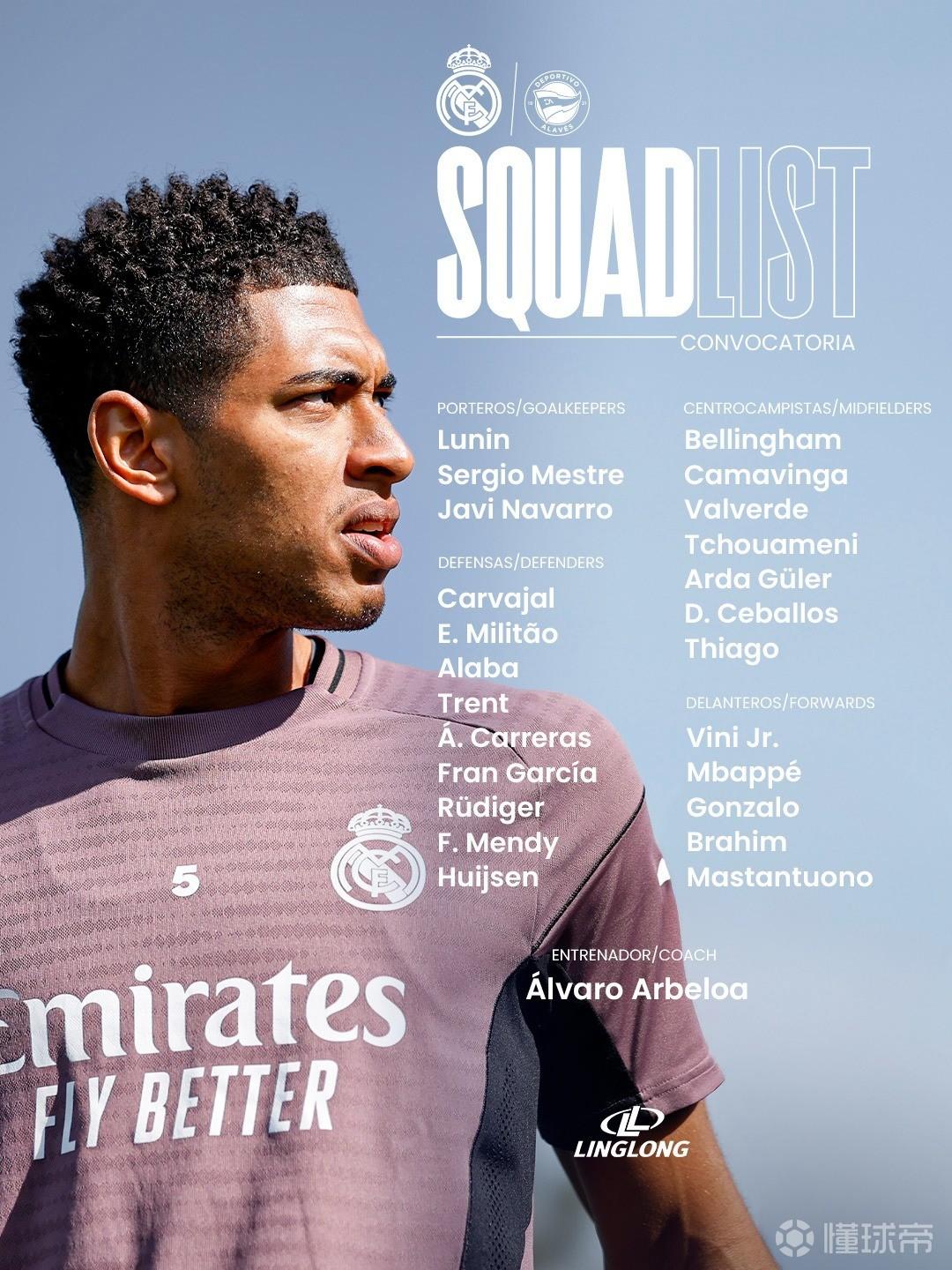 皇马战阿拉维斯大名单：马斯坦托诺解禁复出，阿森西奥仍缺席