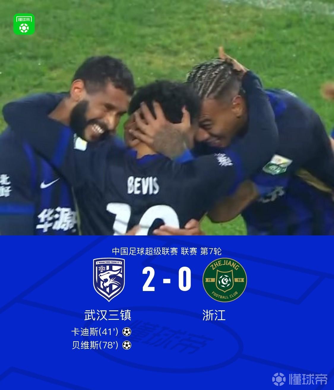 三镇2-0浙江，贝维斯传射建功，卡迪斯破门，夏晓曦助攻
