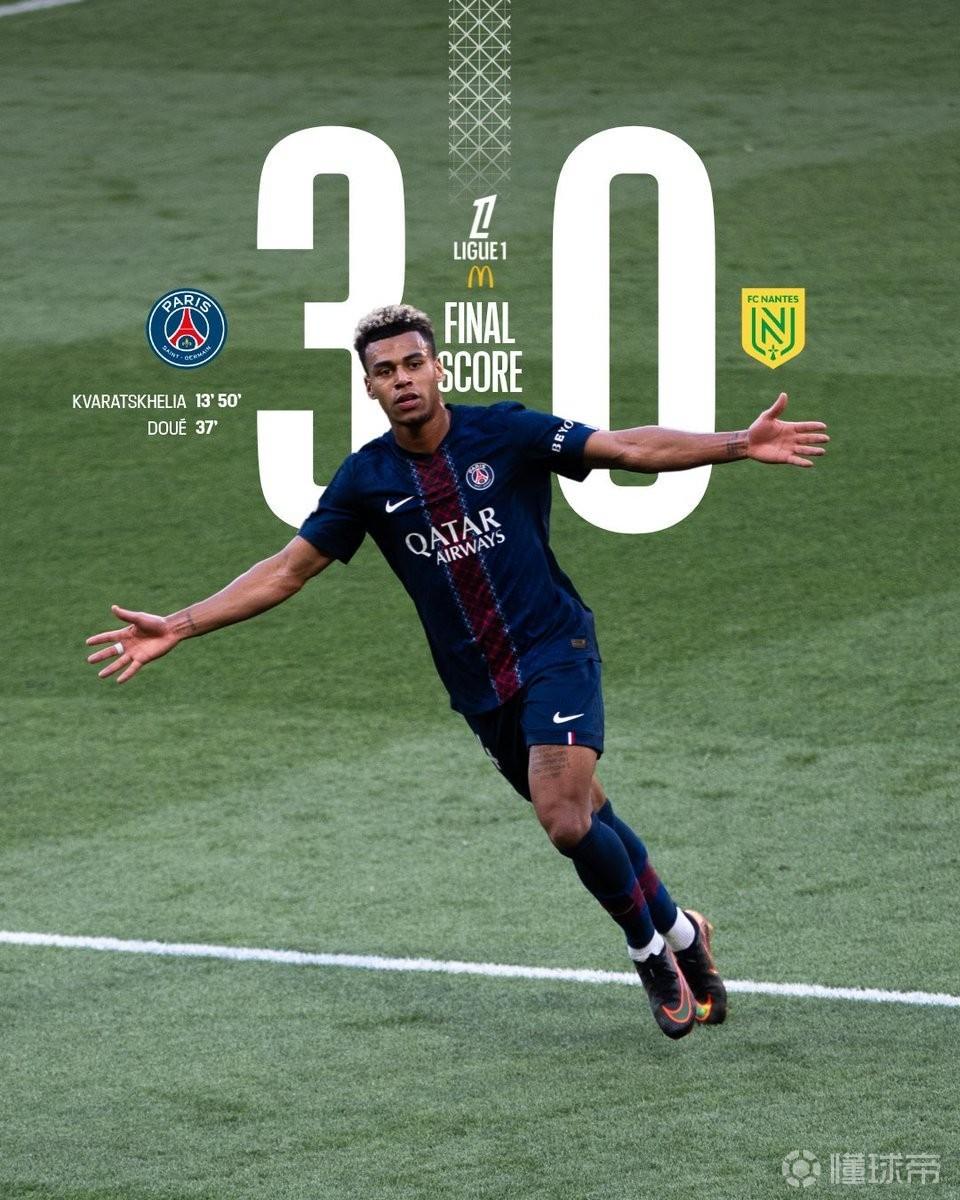 4分优势领跑，巴黎本赛季法甲前29轮拿66分为近6个赛季第二高