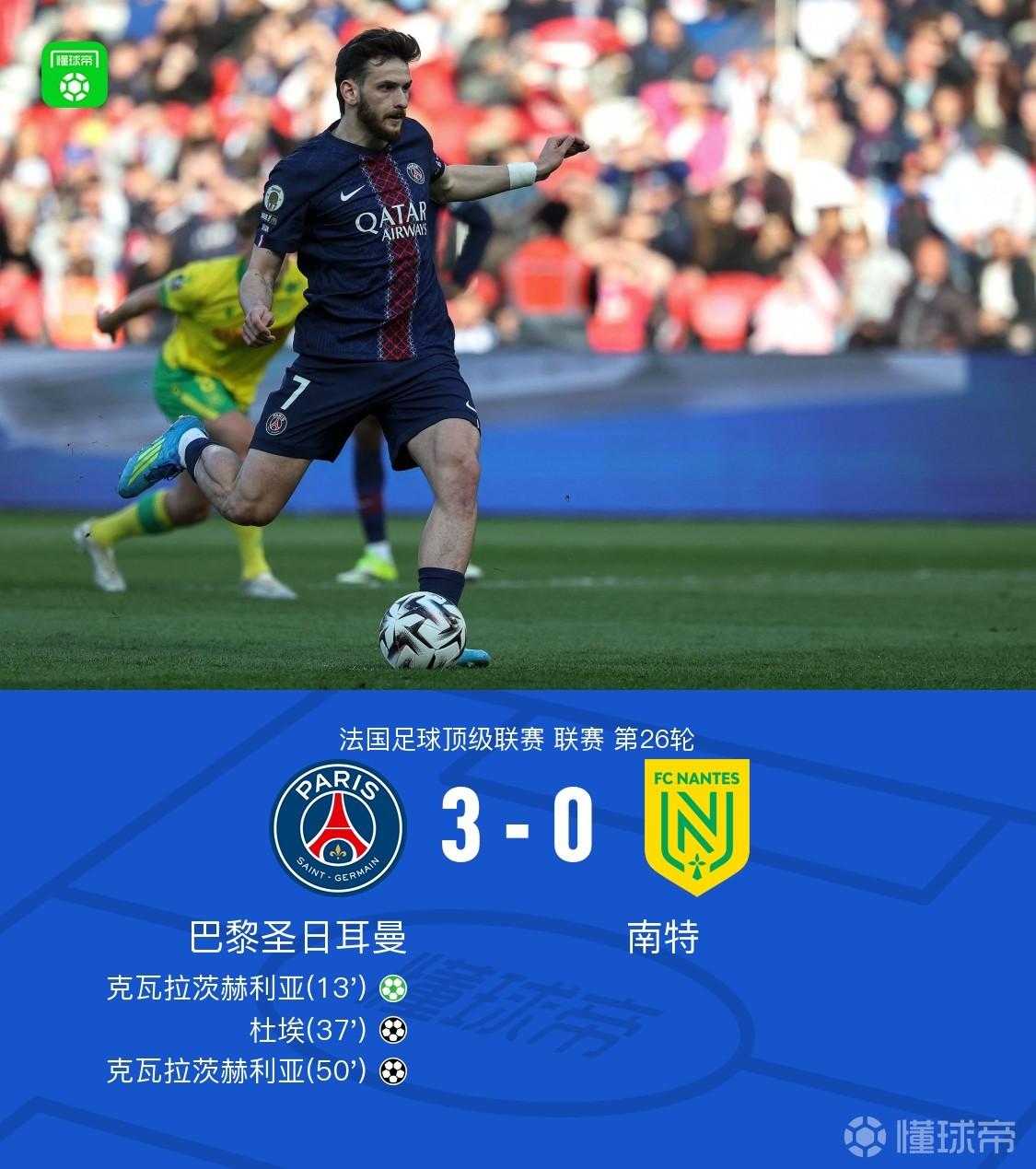 剑南春丨巴黎3-0南特，克瓦拉茨赫利亚双响，杜埃破门