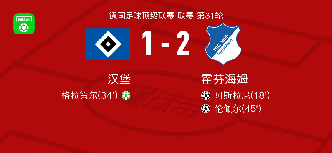 霍芬海姆2-1汉堡，伦佩尔建功，阿斯拉尼破门