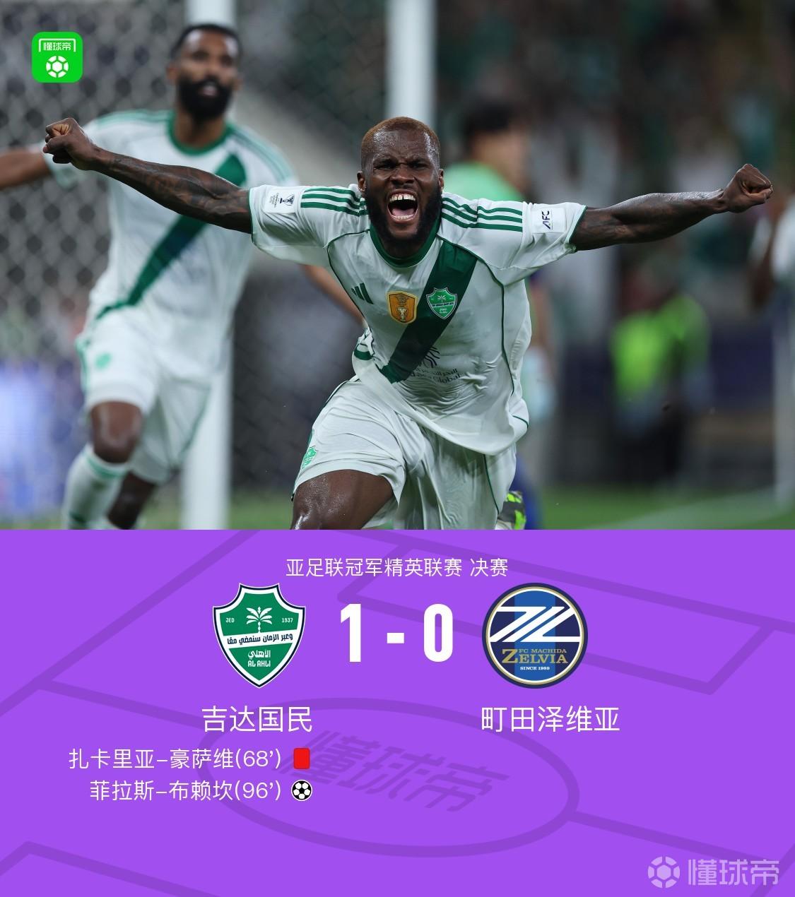 十人吉达国民1-0町田泽维亚卫冕亚冠精英冠军，布赖坎制胜