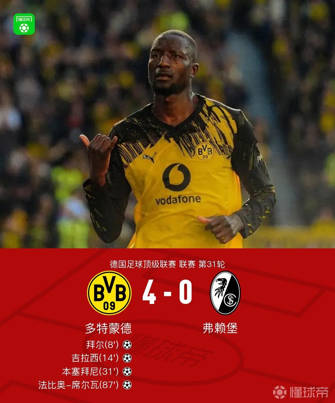 剑南春丨多特4-0弗赖堡，吉拉西、拜尔破门，本塞拜尼传射