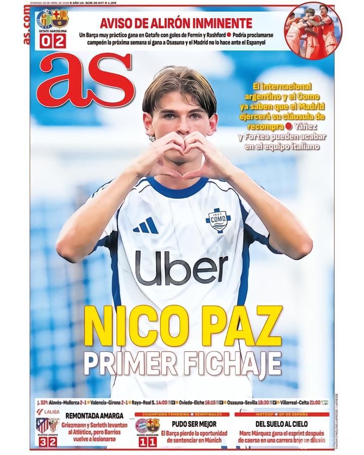 阿斯报：皇马即将900万回购尼科-帕斯，已通知科莫和球员本人