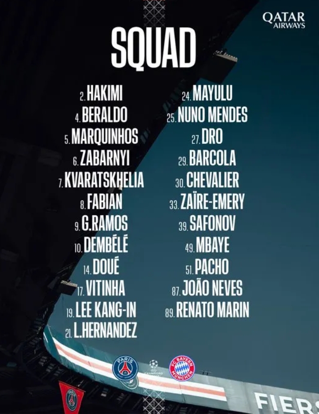 巴黎公布战拜仁大名单：登贝莱领衔 k77、维蒂尼亚在列