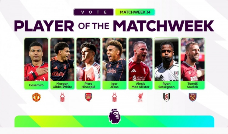 英超第34轮最佳球员候选：卡塞米罗、麦卡利斯特等7人在列
