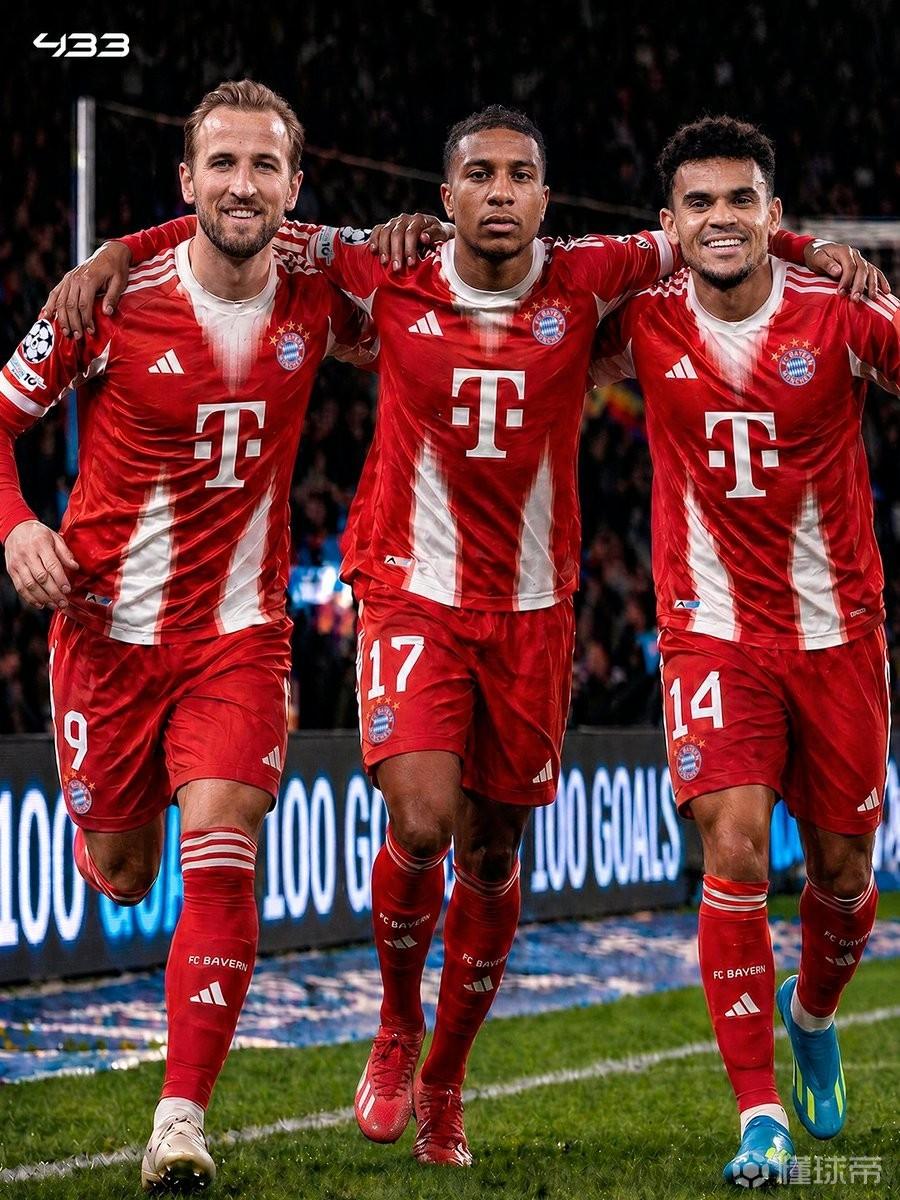 拜仁三叉戟本赛季已进100球：凯恩54球，迪亚斯26球，奥利塞20球