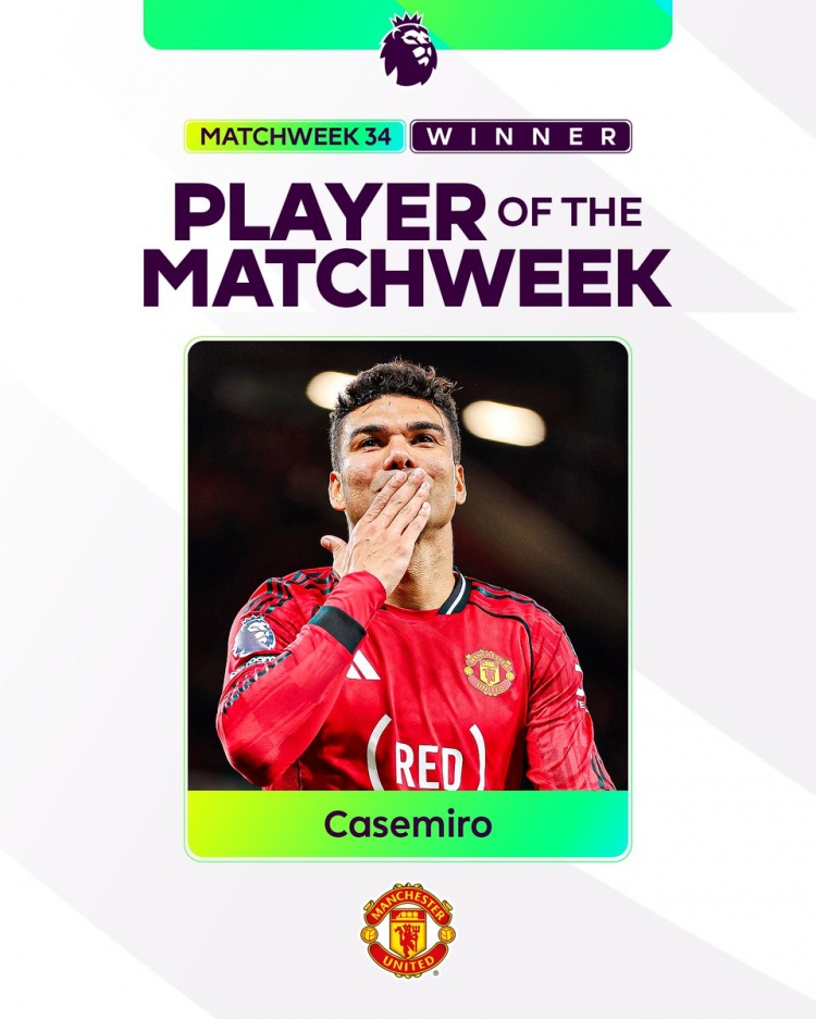 英超官方：曼联中场卡塞米罗当选英超第34轮最佳球员