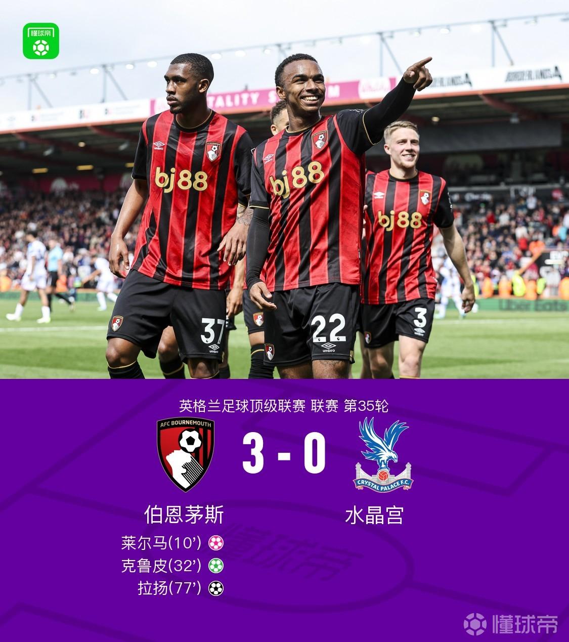 伯恩茅斯3-0大胜水晶宫，拉扬破门，克鲁皮点射、莱尔马乌龙