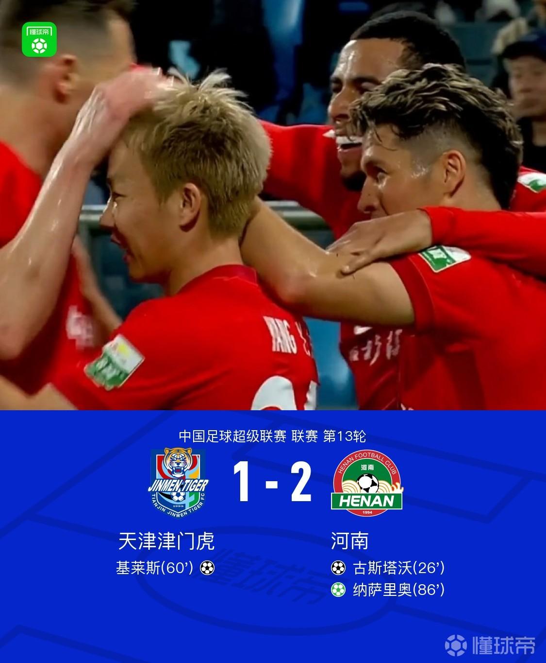 河南2-1津门虎，古斯塔沃建功，纳萨里奥点射，基莱斯破门