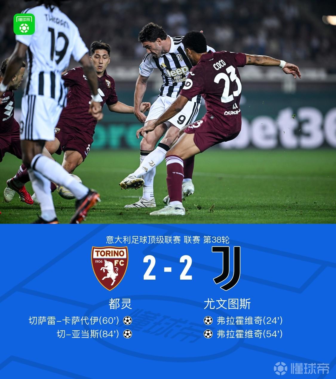剑南春丨尤文2-2都灵，弗拉霍维奇双响，卡萨代伊、亚当斯建功