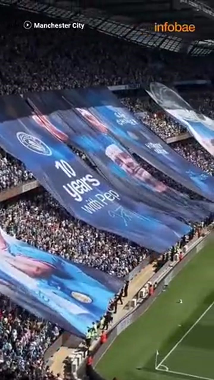 曼城主场巨型TIFO，致敬瓜帅&B席&斯通斯