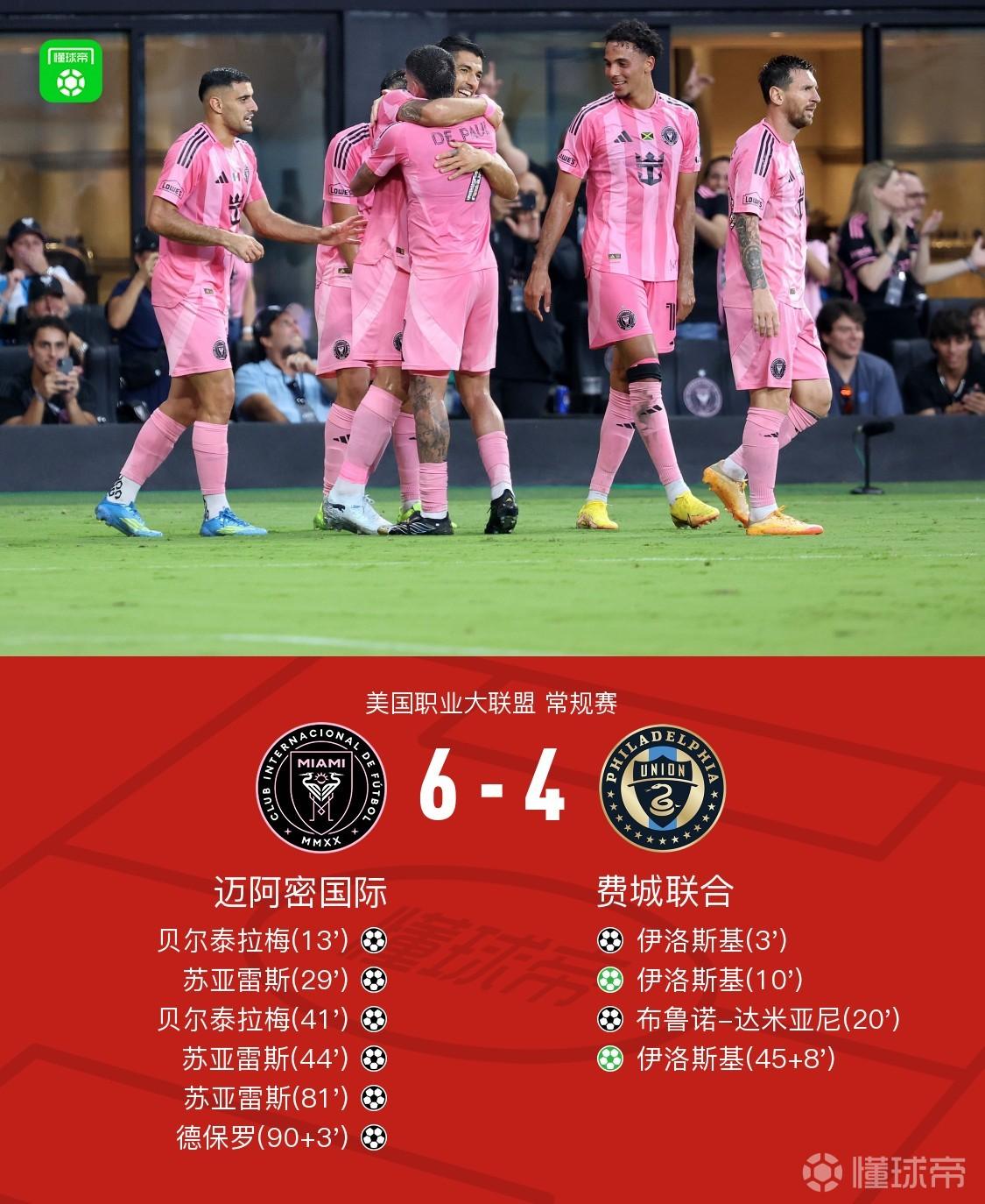 迈阿密6-4逆转费城联合，梅西双助攻，苏亚雷斯戴帽、德保罗破门