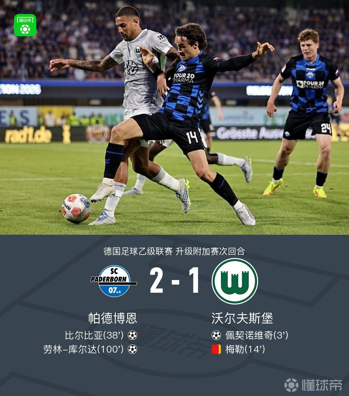 狼堡总比分1-2帕德博恩时隔29年降入德乙，梅勒开场14分钟染红