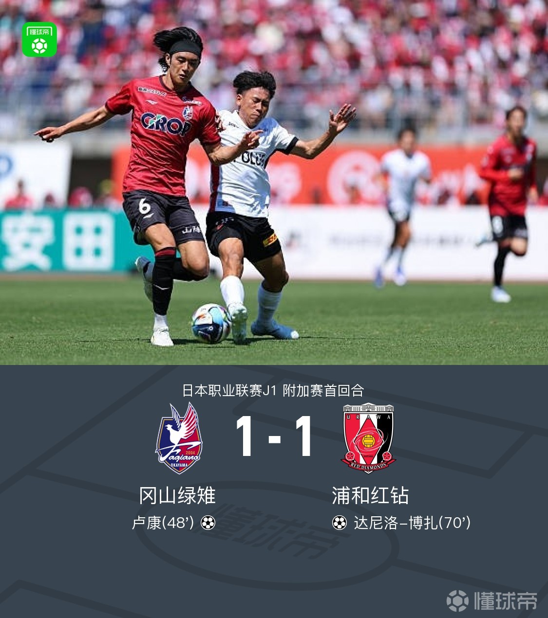 冈山绿雉1-1浦和红钻，卢康破僵，达尼洛-博扎扳平