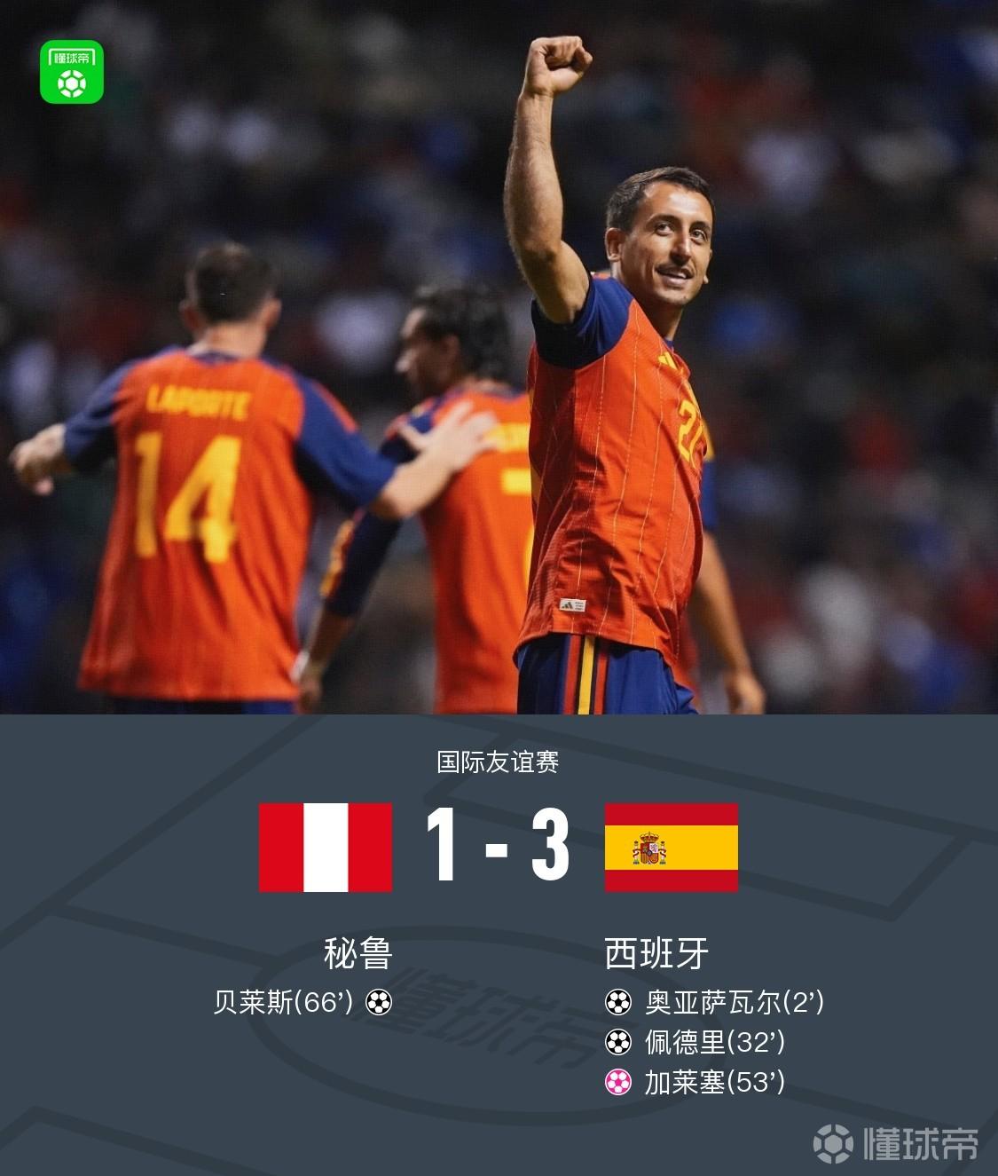 西班牙3-1秘鲁，佩德里、奥亚萨瓦尔建功，皮诺造乌龙
