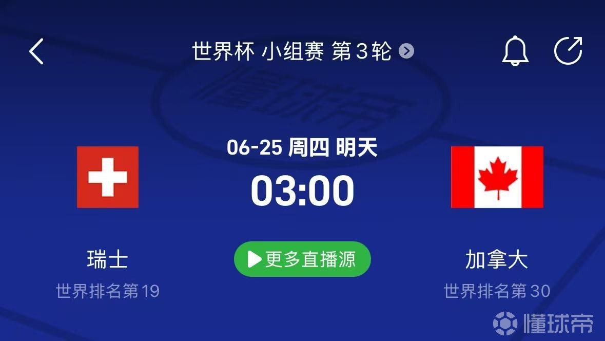 瑞士vs加拿大：瑞士延续上轮首发；科内伤缺，阿方索出战成疑