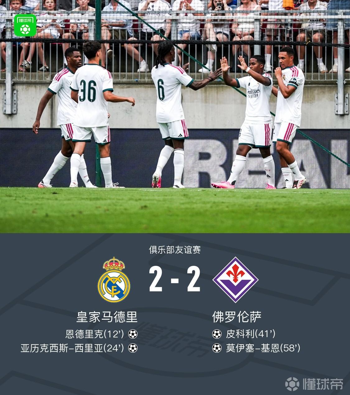 皇马连丢两球2-2佛罗伦萨，恩德里克破门，西里亚建功