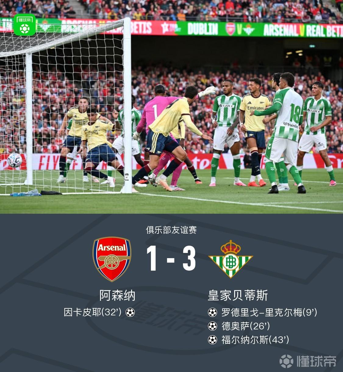 阿森纳1-3不敌贝蒂斯，福尔纳尔斯传射，德奥萨世界波