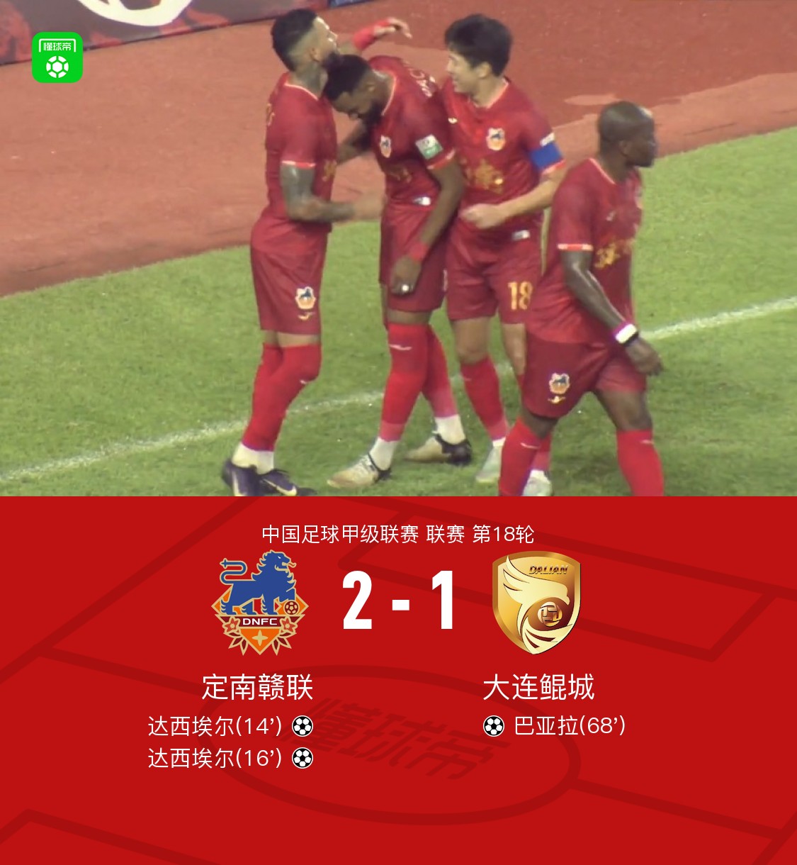 定南赣联2-1大连鲲城，达西埃尔双响，巴亚拉破门
