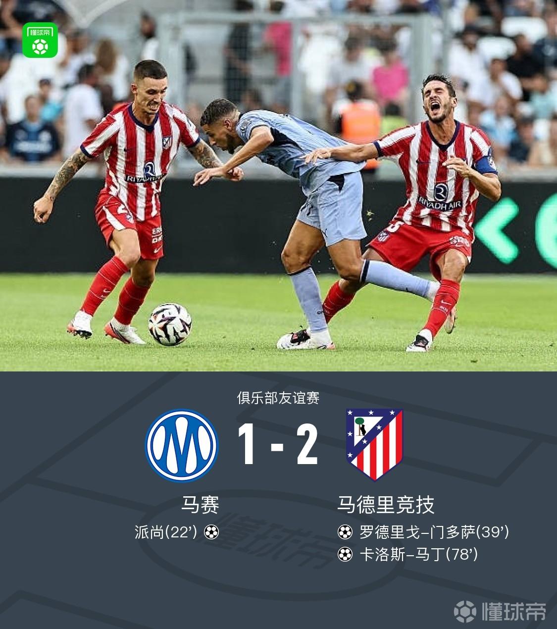 马竞2-1逆转马赛，门多萨、卡洛斯-马丁破门