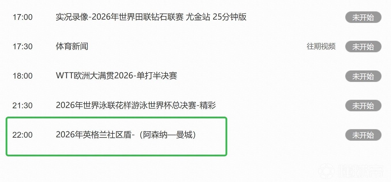 CCTV5节目单显示：今晚10点直播阿森纳对阵曼城的社区盾杯