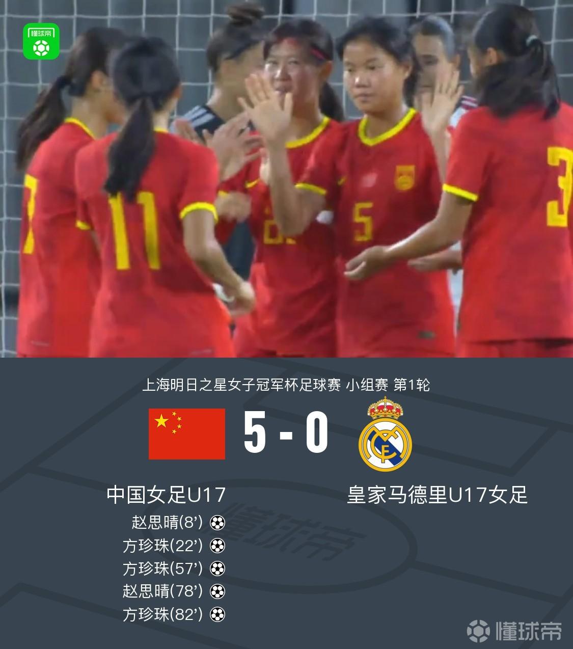 中国U17女足5-0大胜皇马U17女足，方珍珠戴帽，赵思晴双响