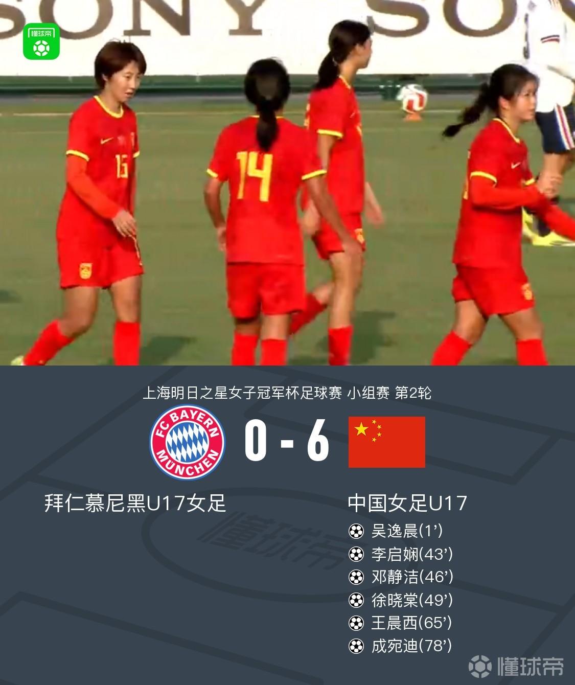 中国U17女足6-0大胜拜仁U17女足，吴逸晨、王晨西分别传射