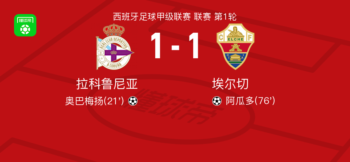 拉科鲁尼亚1-1埃尔切，奥巴梅扬破门，阿瓜多扳平比分