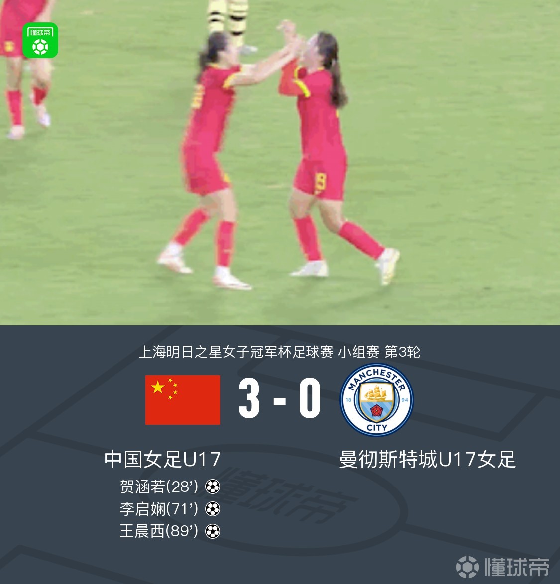 中国U17女足3-0曼城U17女足，李启娴传射，贺涵若、王晨西建功