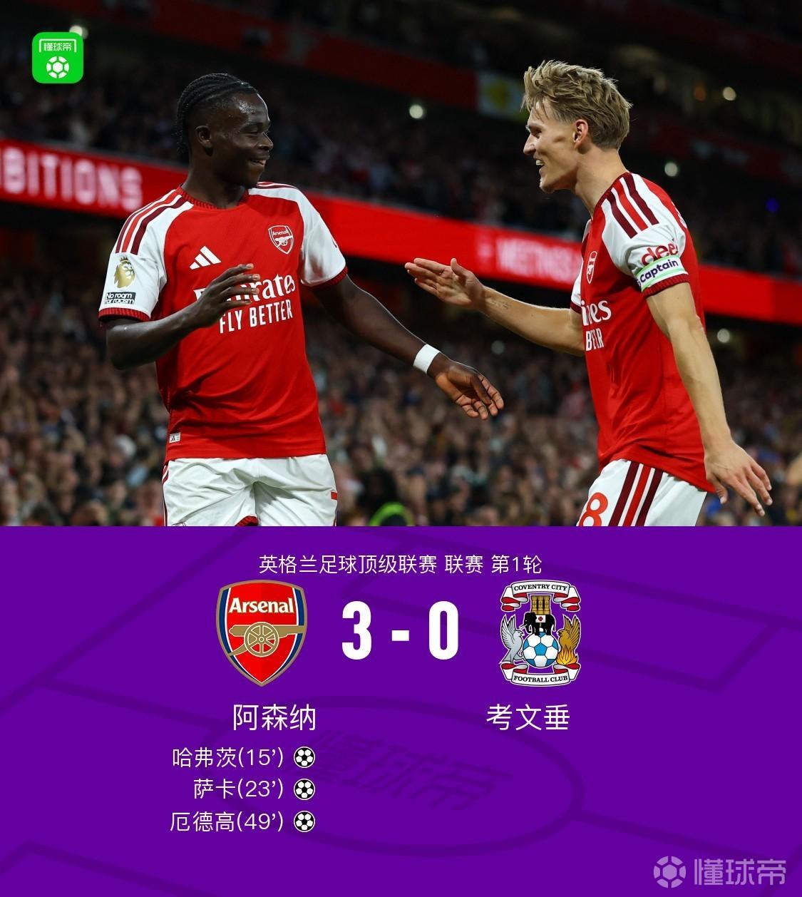 阿森纳3-0考文垂，厄德高连场破门，哈弗茨、萨卡建功