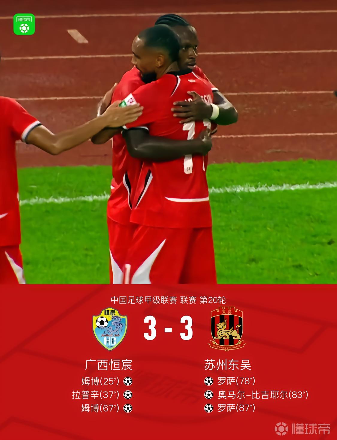 广西恒宸3-3苏州东吴，姆博双响，罗萨世界波梅开二度