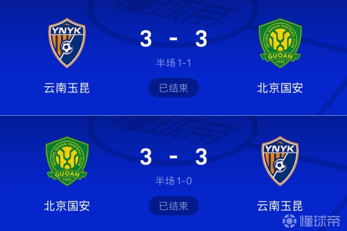 五擒五纵，国安本赛季两回合5次领先玉昆，5次都被对手扳平