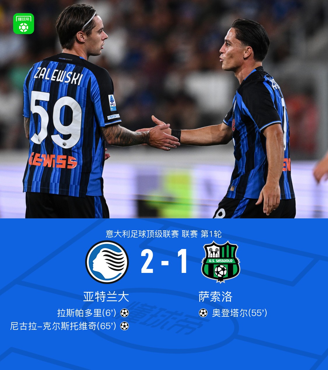 亚特兰大2-1萨索洛，拉斯帕多里破门，克尔斯托维奇制胜