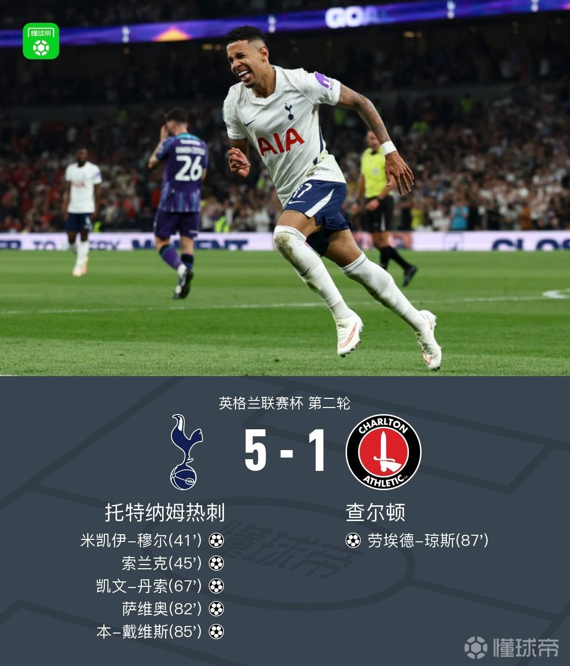 热刺5-1大胜查尔顿，本-戴维斯破门，摩尔、萨维奥传射