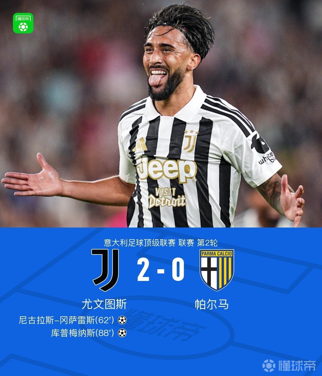 尤文2-0帕尔马，冈萨雷斯破门，库普梅纳斯建功