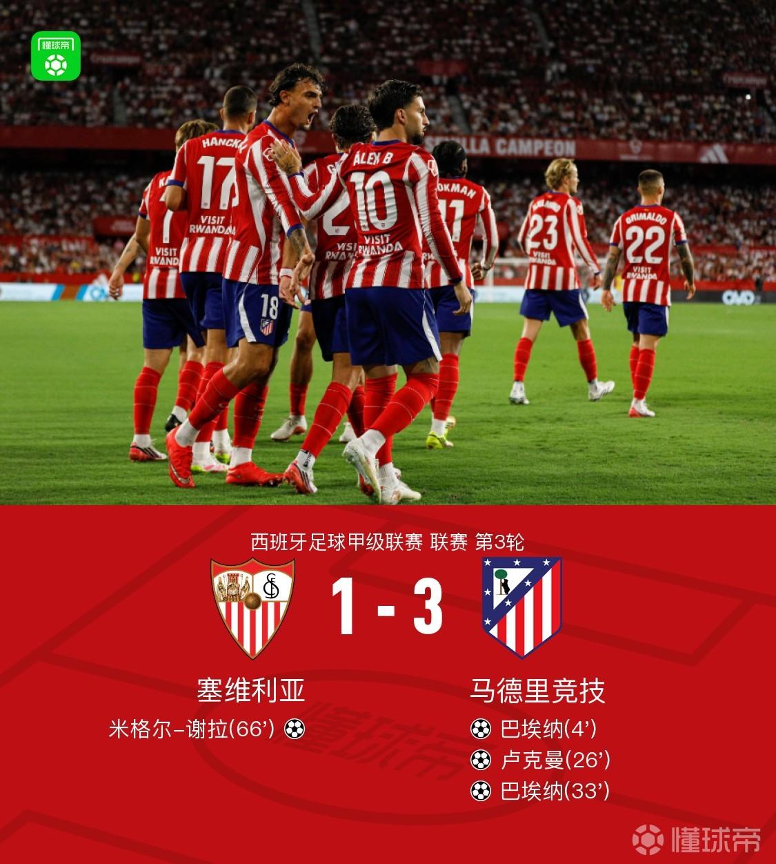 马竞3-1塞维利亚，巴埃纳双响，卢克曼破门