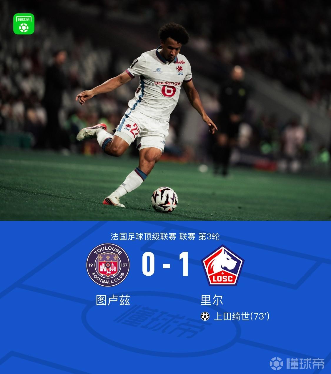 图卢兹0-1里尔，上田绮世首秀破门建功