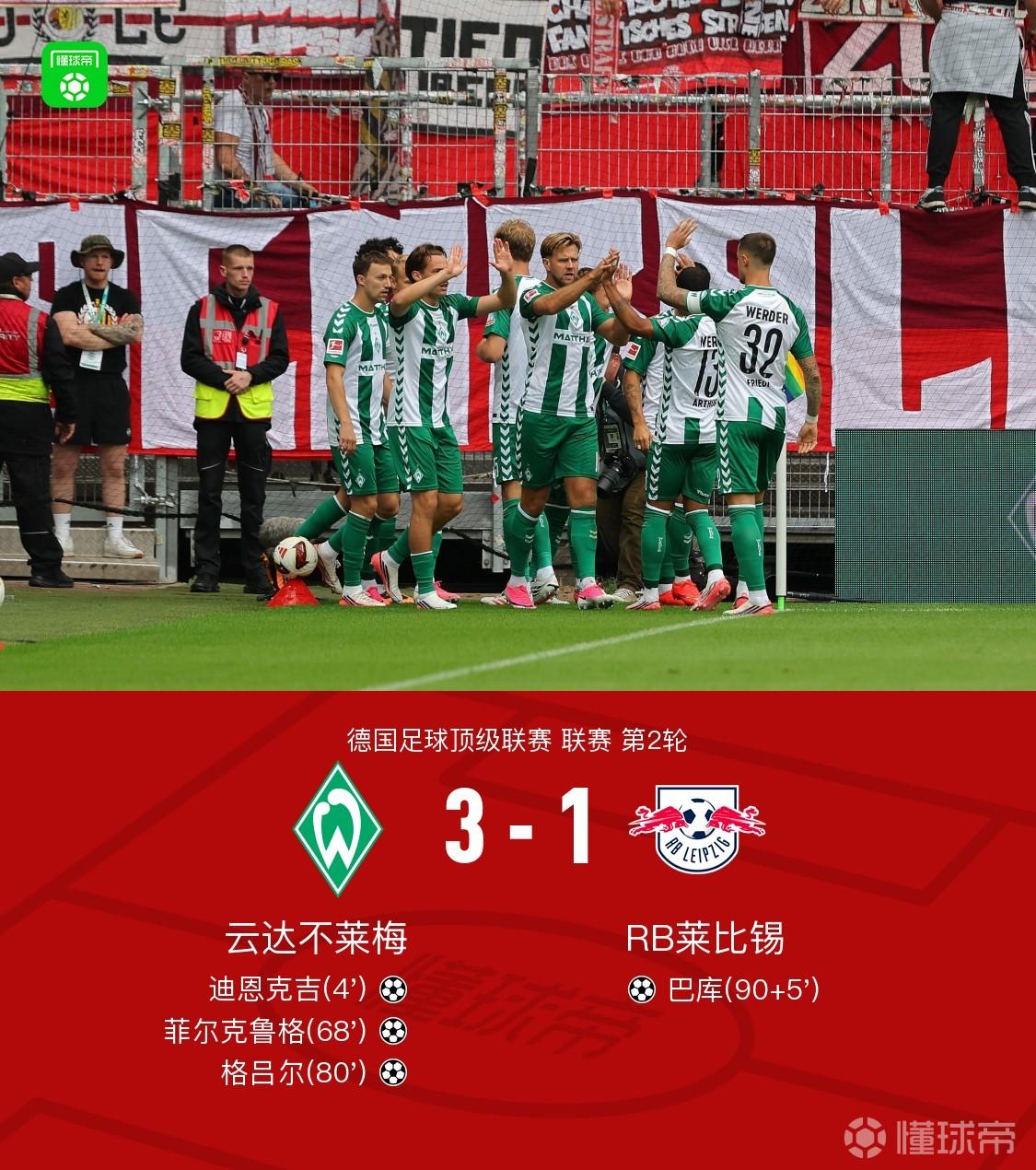 不莱梅3-1莱比锡，格吕尔传射，菲尔克鲁格、迪恩克吉破门