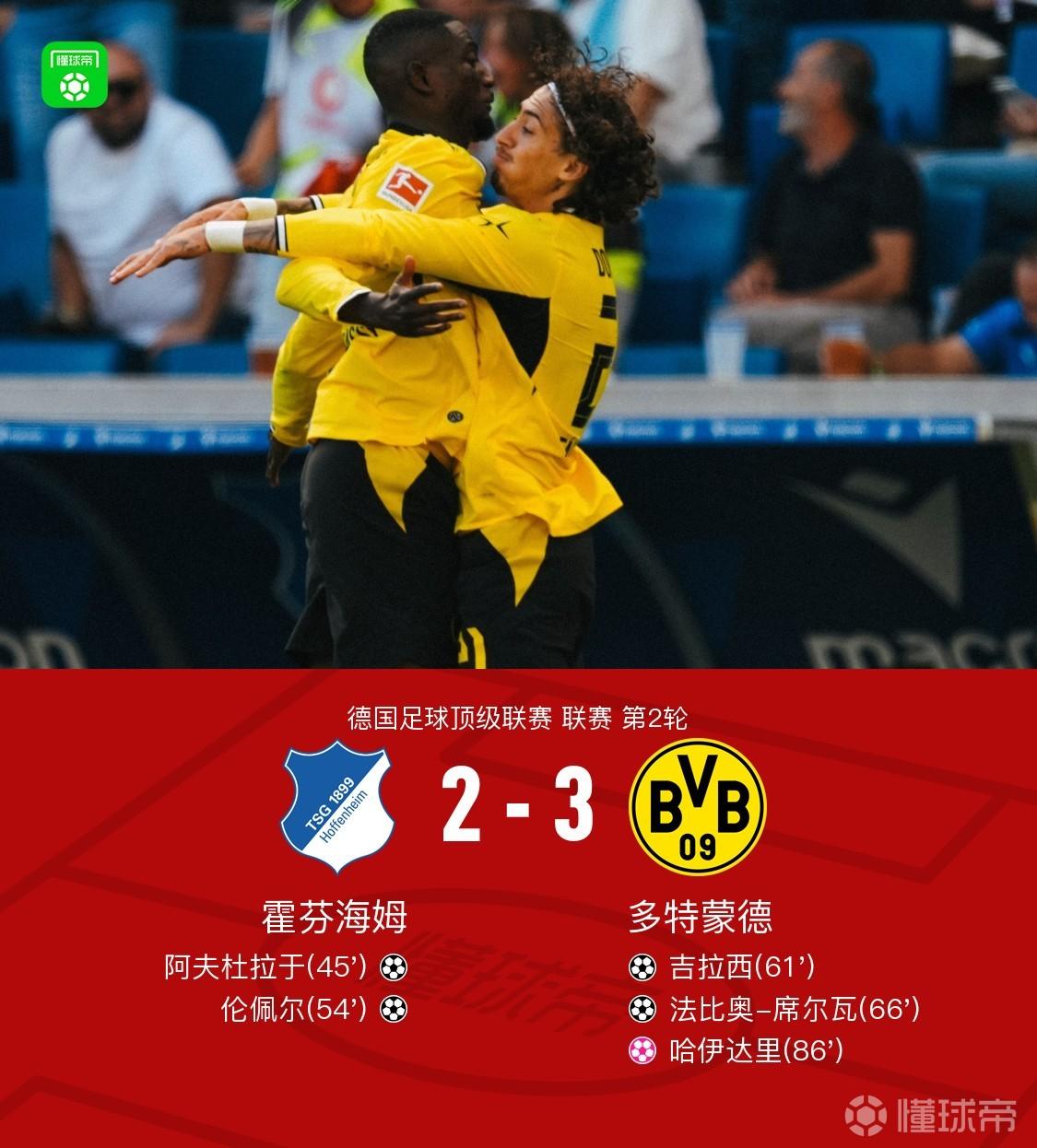 剑南春｜多特让二追三3-2霍芬海姆，吉拉西传射，恩瓦内里造乌龙